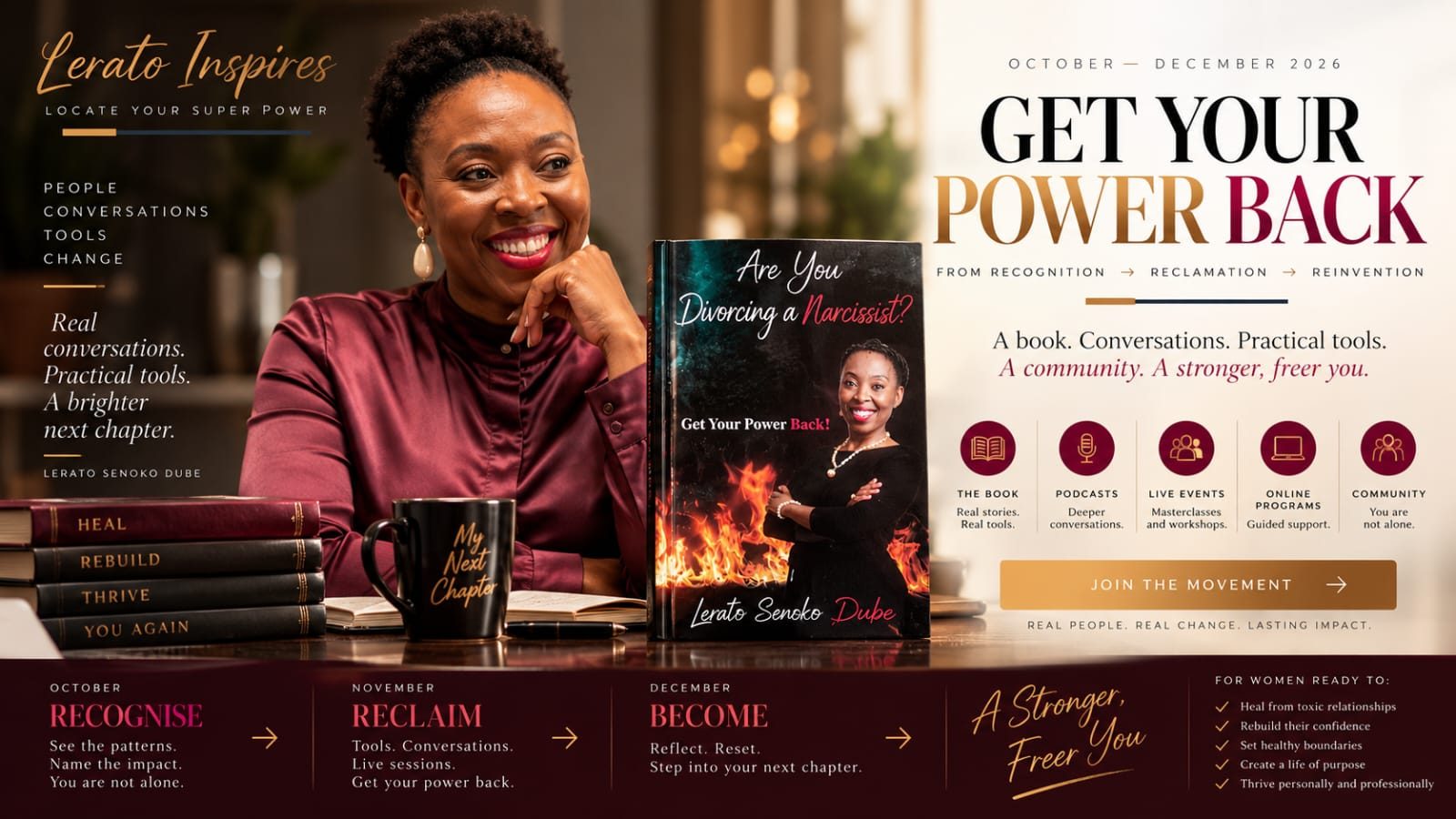 Lerato Inspires - Get Your Power Back campaign artwork: a book, conversations, practical tools, a community. October to December 2026: Recognise, Reclaim, Become.