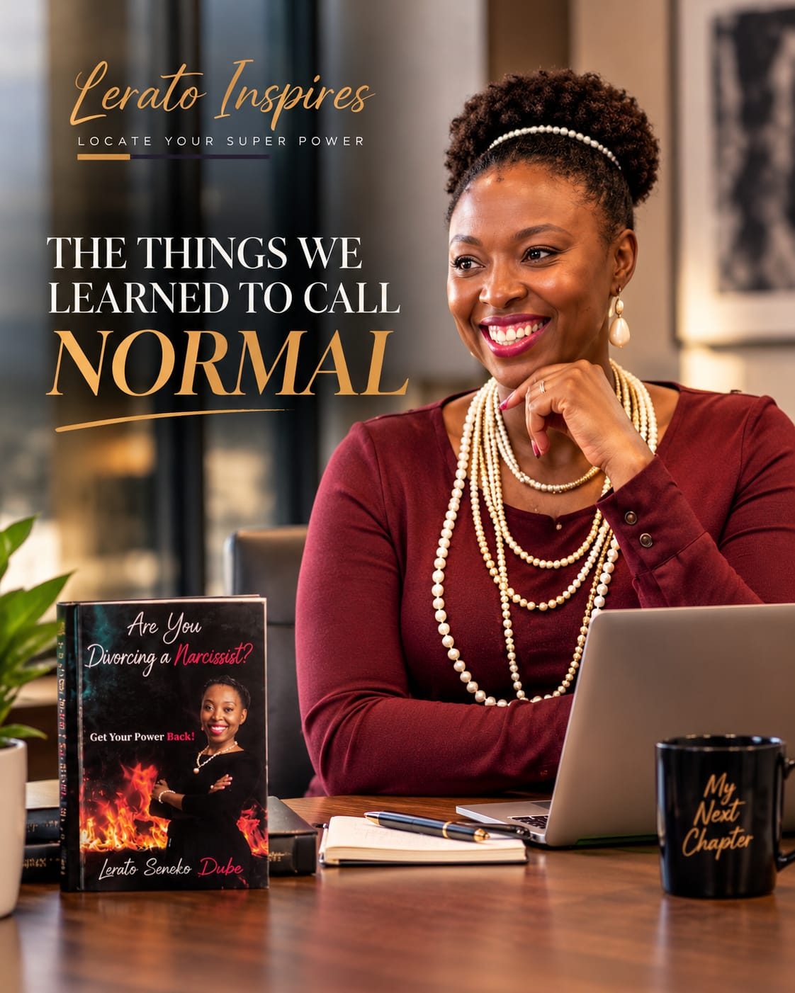 Lerato Inspires artwork for The Things We Learned to Call Normal, featuring Lerato at her desk with the book