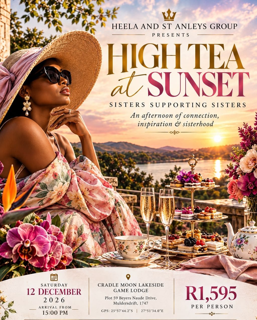 Official flyer - High Tea at Sunset, 12 December 2026, Cradle Moon Lakeside Game Lodge, R1,595 per person